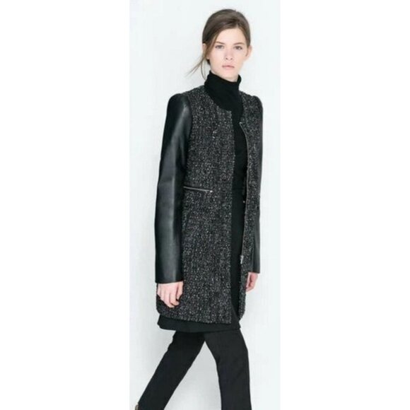 New ZARA Black Multi Tweed Boucle Wool Blend Leather Zip Coat Jacket - Picture 1 of 14